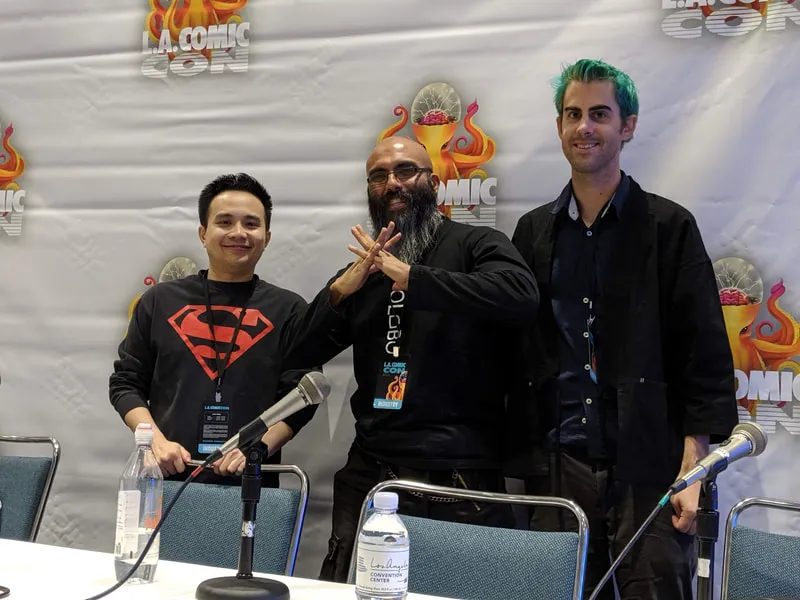 Panelists posing after the Skyride panel at LA Comic Con 2019